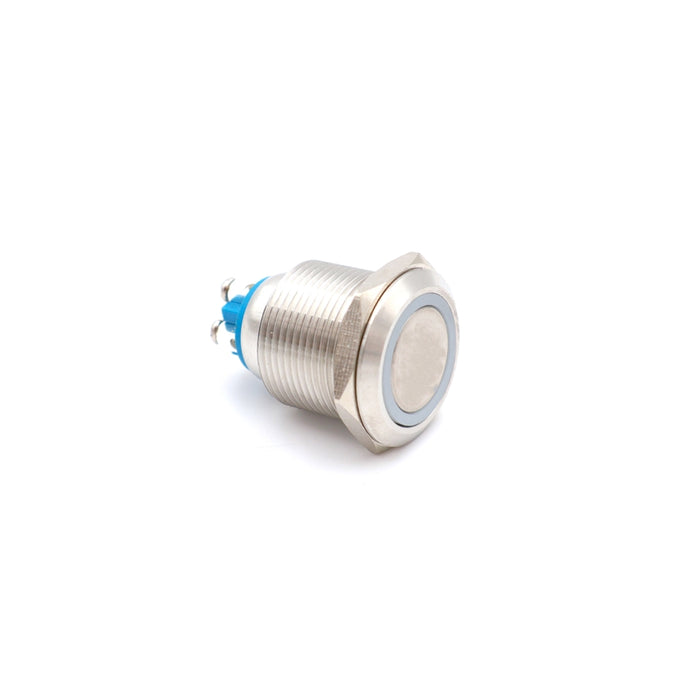 Nyomógomb kör reteszelős fém K 19mm 12V kék LED