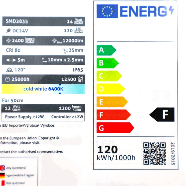 LED szalag 24V 24W 5méter/csom 6400K IP65 fehér